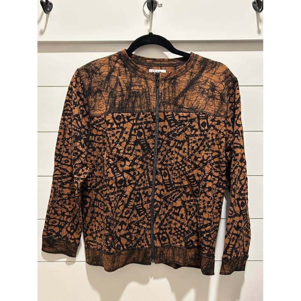 Spa by Chico's Womens Batik Print Zip Up Cotton Jacket Rust Black Size 1 M Artsy